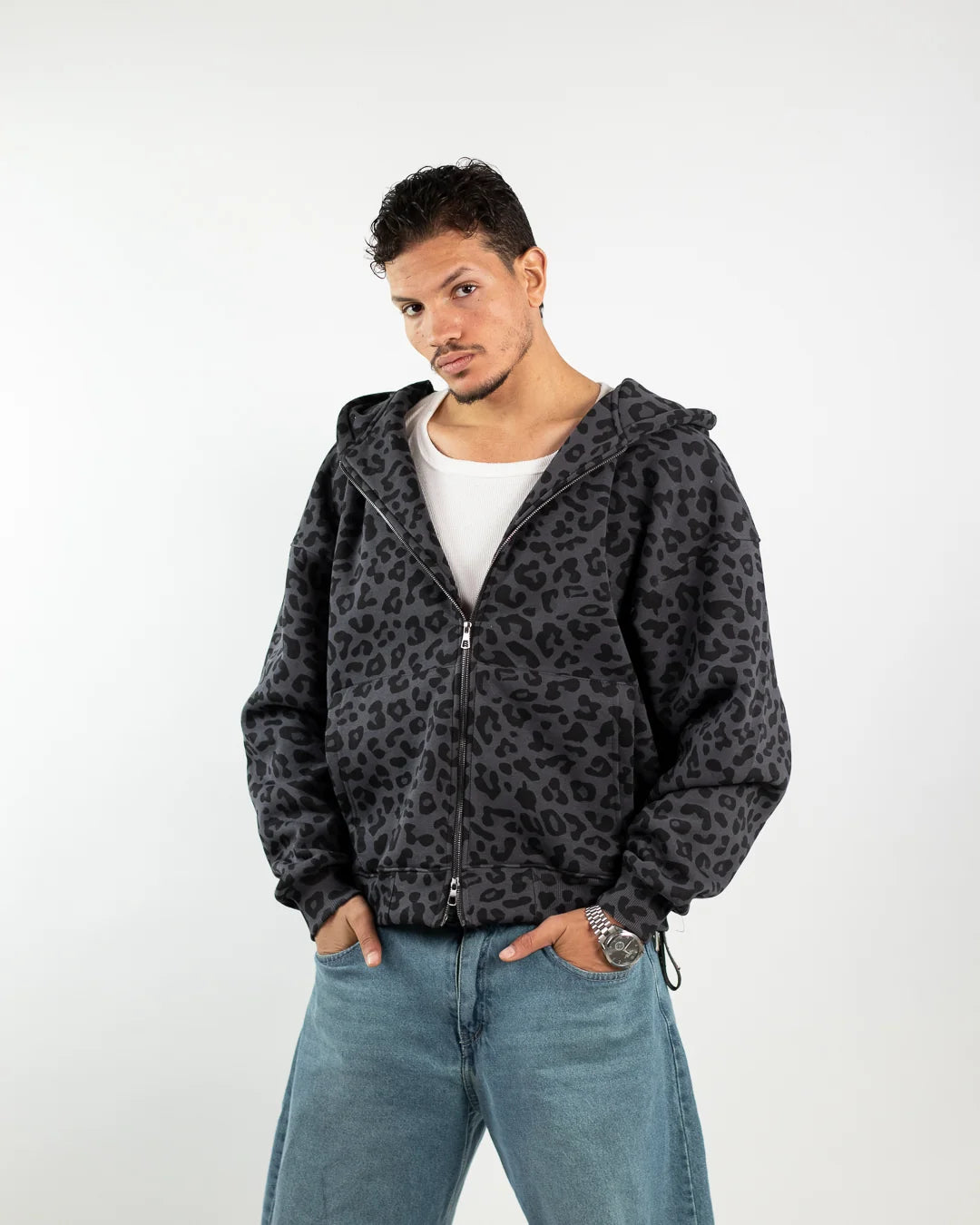 LEOPARD ZIP UP - DARK GRAY