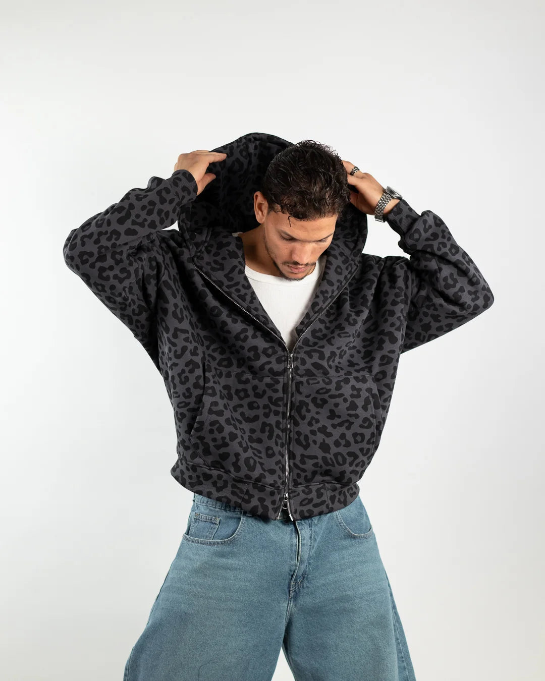 LEOPARD ZIP UP - DARK GRAY